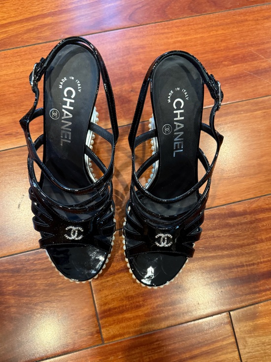 CHANEL Shoes - 100% CHANEL Black Patent Leather Pearl-Trim Strappy Wedge Sandal Heels 38.5
